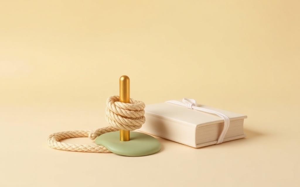 A cream clay rope coiled tightly around a gold clay peg beside a closed cream clay book