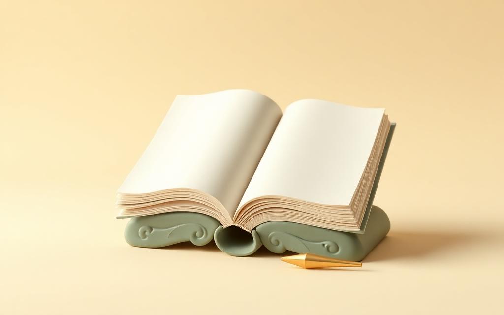 An open cream clay book resting on a carved sage clay book stand with a small gold clay pointer