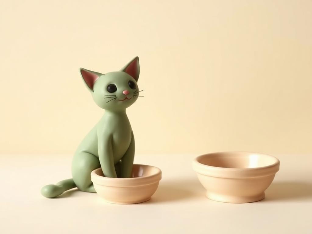 A small sage clay cat sitting beside a full cream clay food bowl and water dish