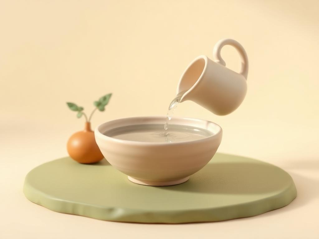 A cream clay water bowl on sage clay ground with a cream clay jug pouring clear water