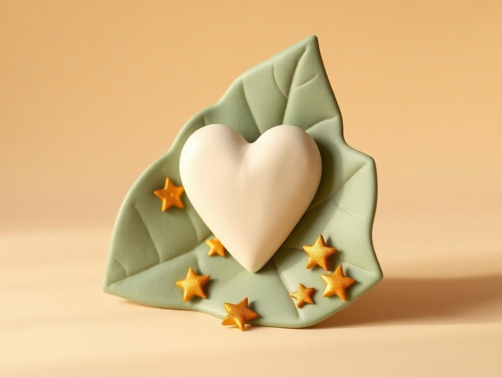 A cream clay heart resting on a sage clay leaf ringed with gold clay stars