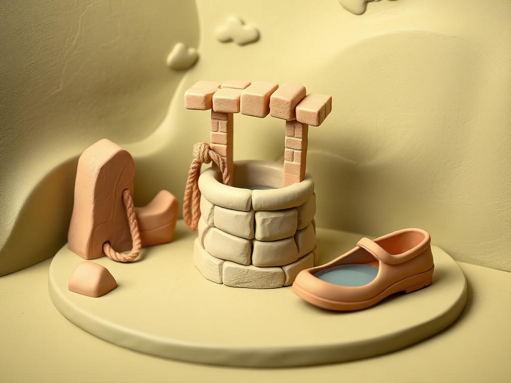 A cream clay well with a rope and a clay shoe filled with water beside it