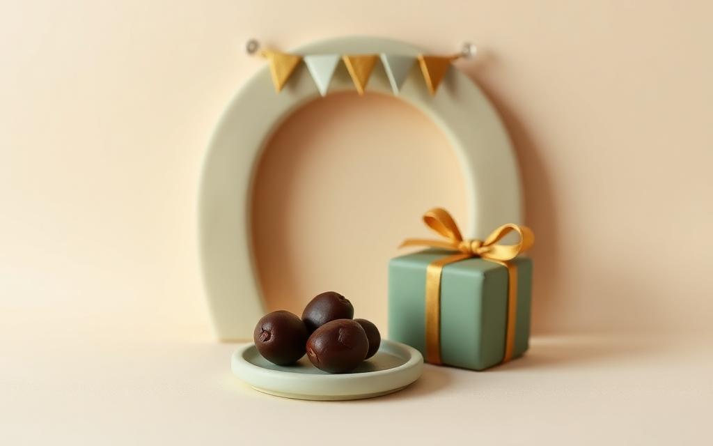A clay plate of three dates and a wrapped gift with a gold ribbon under sage and gold bunting