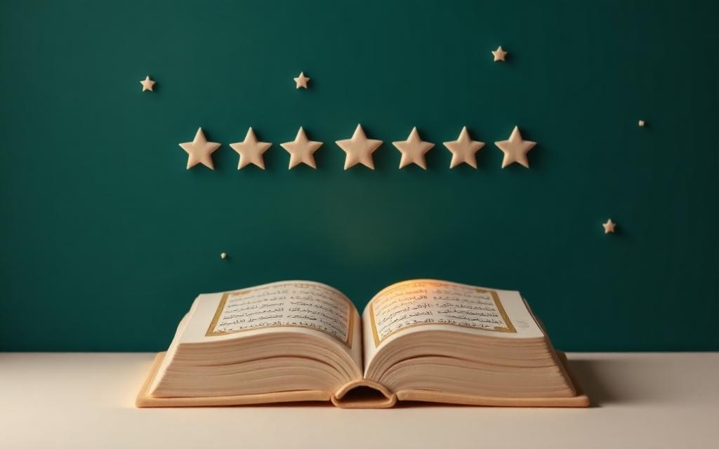 Ten clay stars in a row above an open clay Qur'an, one star glowing brighter than the rest