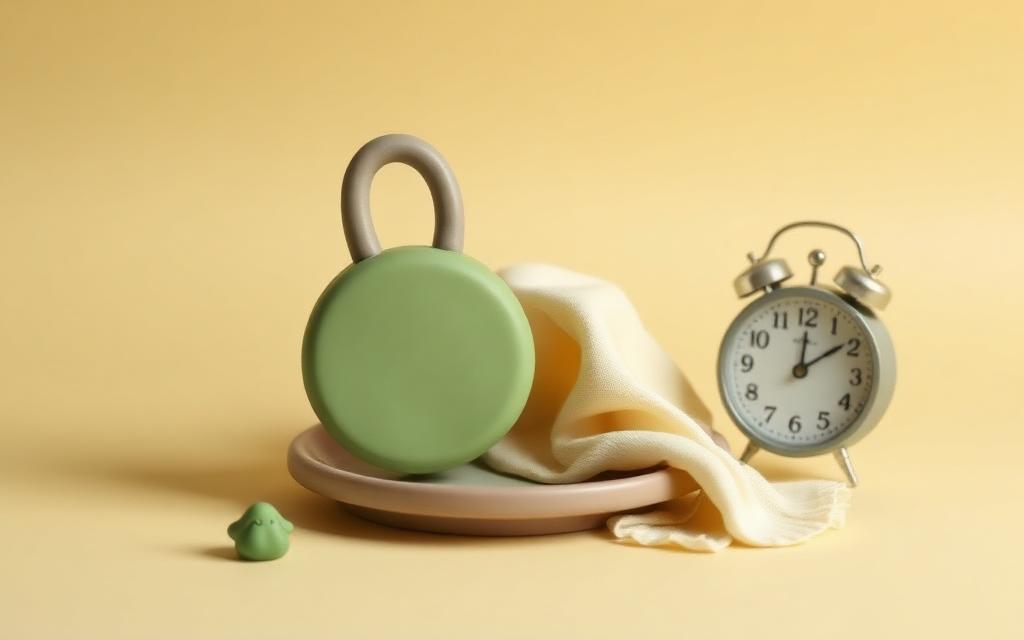 A clay padlock resting on a covered clay plate beside a small clock showing late afternoon