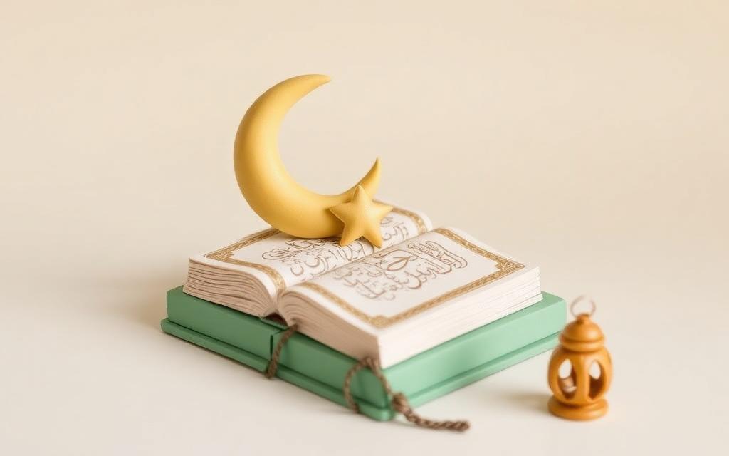 A clay crescent moon and star resting on a closed clay Qur'an beside a small lantern