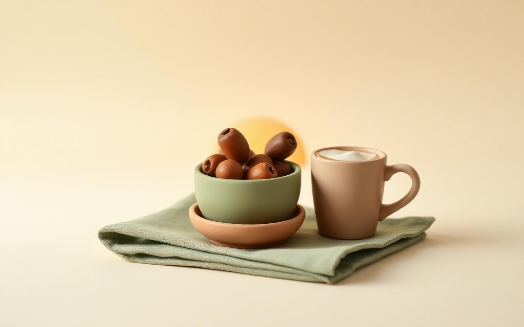 A clay bowl of dates and a cup of water on a folded sage napkin with a small dawn sun behind
