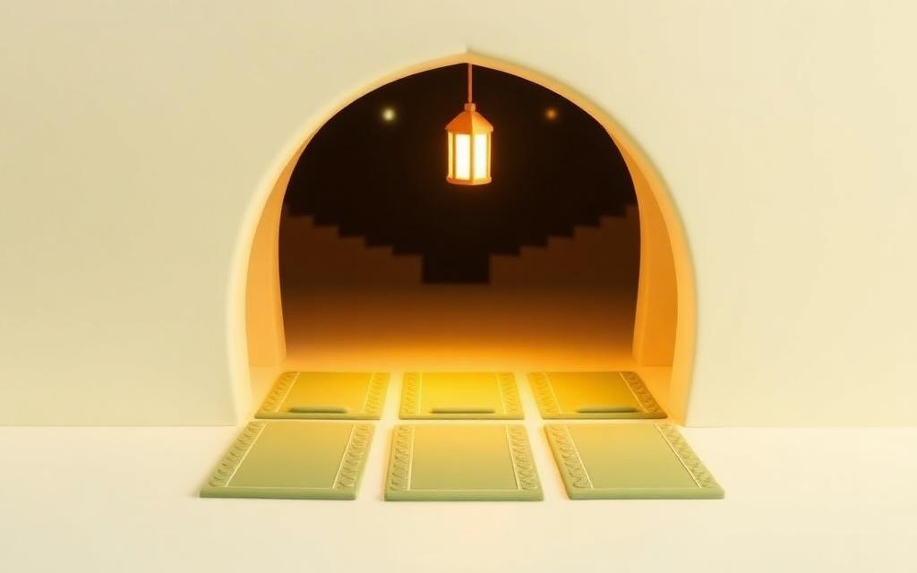 Three empty clay prayer mats laid in a row inside a rounded archway lit by small lanterns