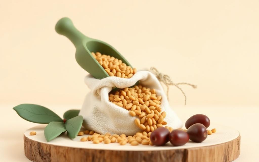 A clay scoop pouring grain into a small cream cloth sack tied with sage twine beside clay dates