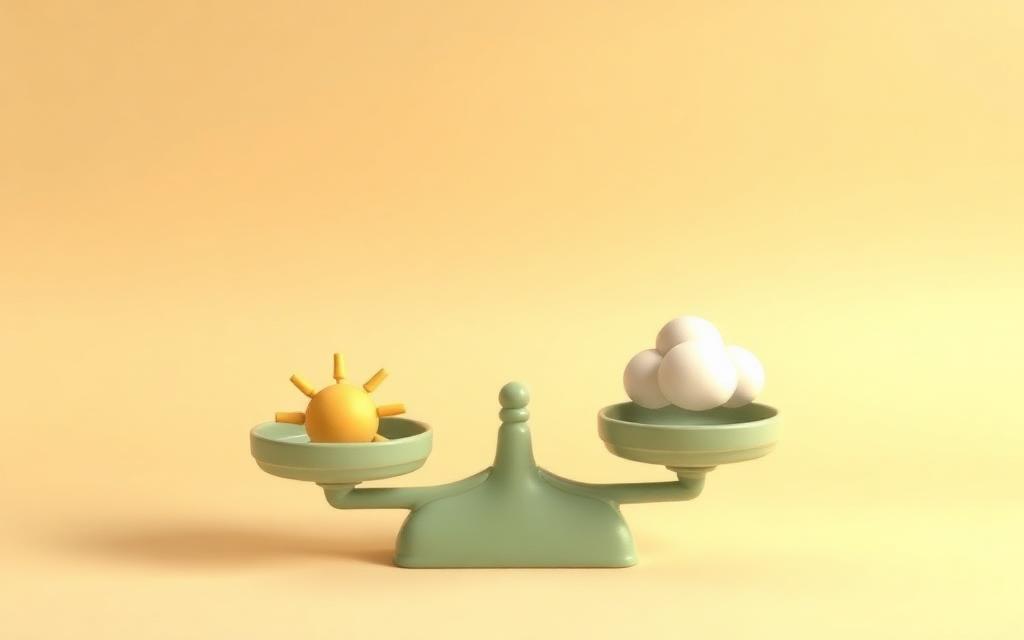 A balanced sage clay scale holding a small gold clay sun and a cream clay raincloud