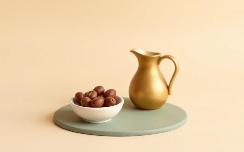 A cream clay bowl of dates and a gold clay water jug on a sage clay mat