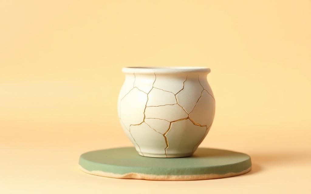 A cracked cream clay pot mended with gold seams on a sage clay mat