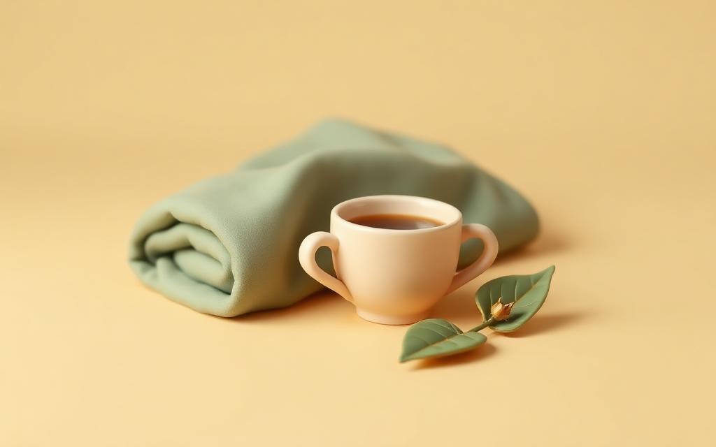A cream clay cup of warm drink beside a folded sage clay blanket and a small gold clay thorn on a leaf