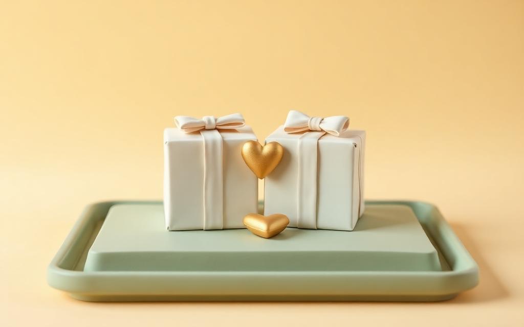 Two cream clay gift boxes on a sage clay tray with small gold clay hearts between them