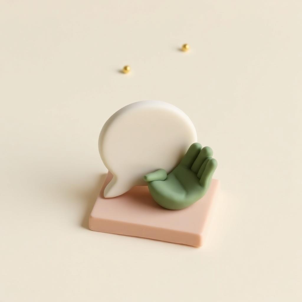 A cream clay speech shape and a small sage clay helping hand on a clay tile with gold clay dots