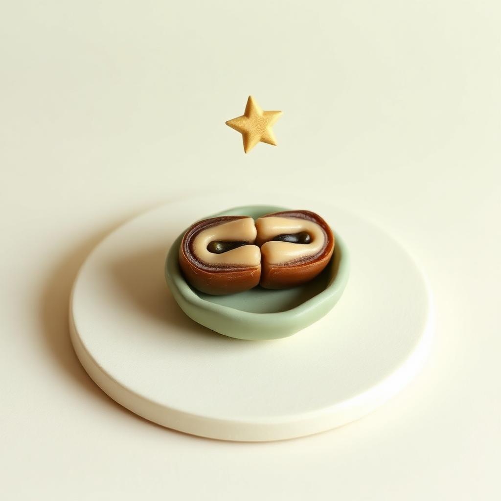 A cream clay date split in half on a small sage clay dish with a gold clay star above
