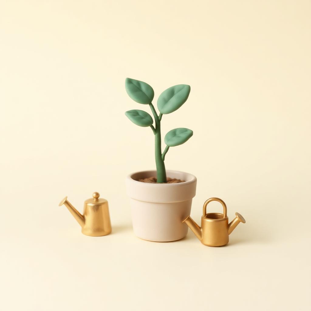 A small sage clay sapling in a cream clay pot with a tiny gold clay bird shape on its rim
