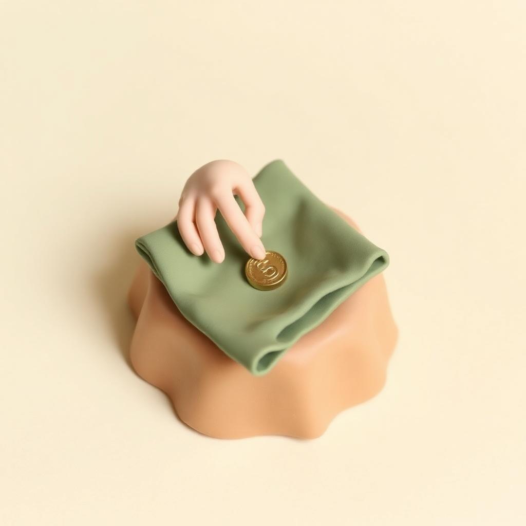 A cream clay hand slipping a gold clay coin under a folded sage clay cloth