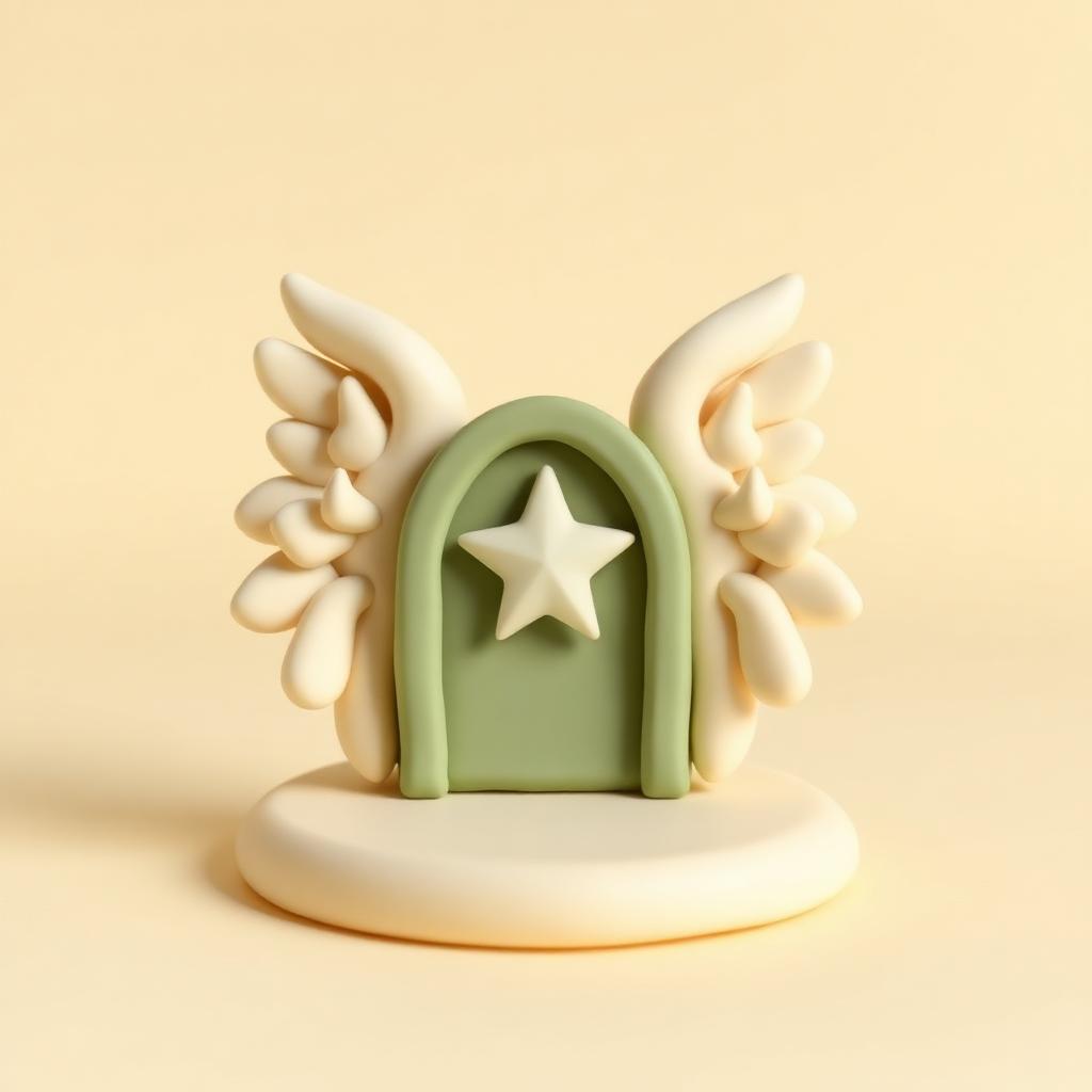 Two soft cream clay wing shapes above a sage clay doorway with a gold clay star between them