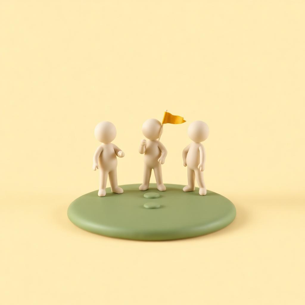 Three small cream clay figures on a sage clay road with one holding a gold clay flag