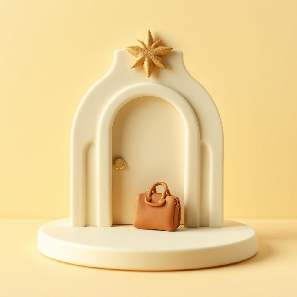 A cream clay doorway with a small clay bag set down and a gold clay star above the frame