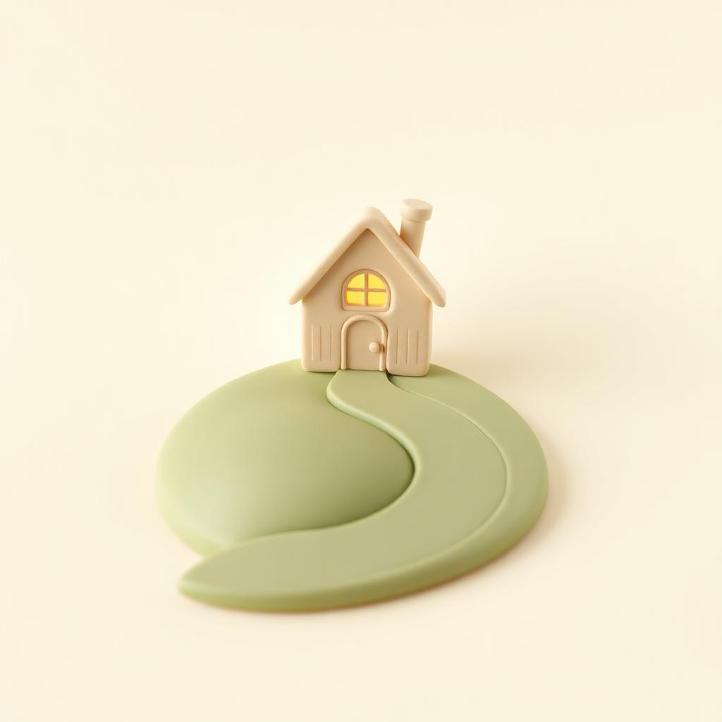 A cream clay house with a warm gold clay window at the end of a winding sage clay road