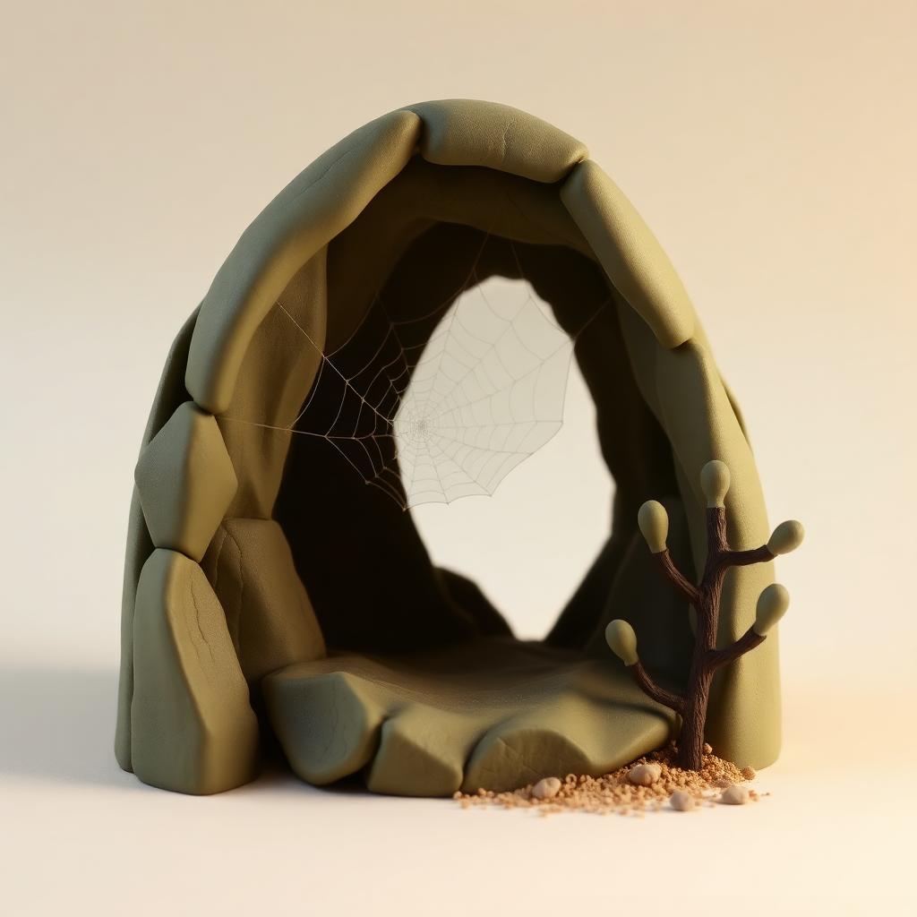 A clay desert cave at night with a spider web across the opening