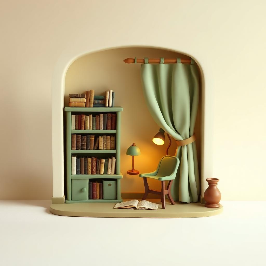 A clay study nook with a small bookshelf of manuscripts, a lamp and a curtain doorway