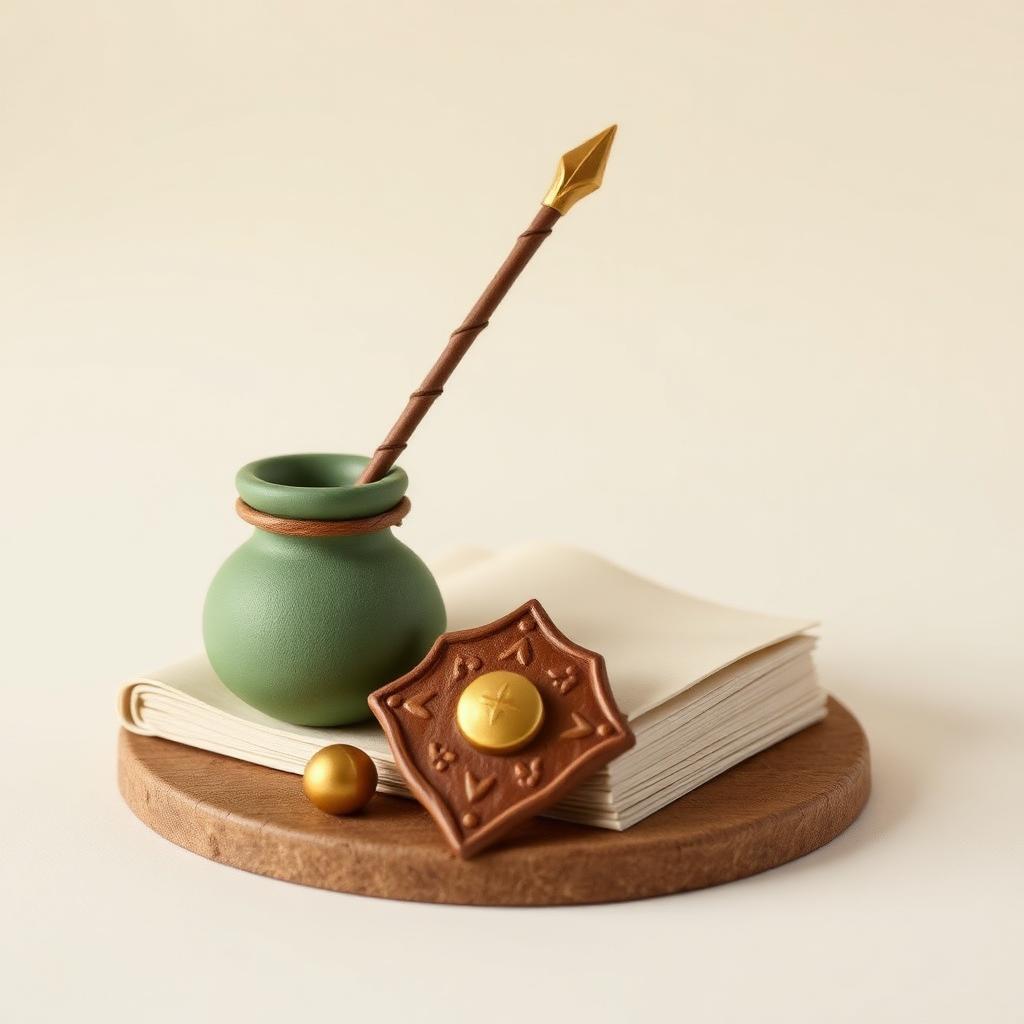 A clay inkwell with a reed pen resting on manuscript pages beside a small shield