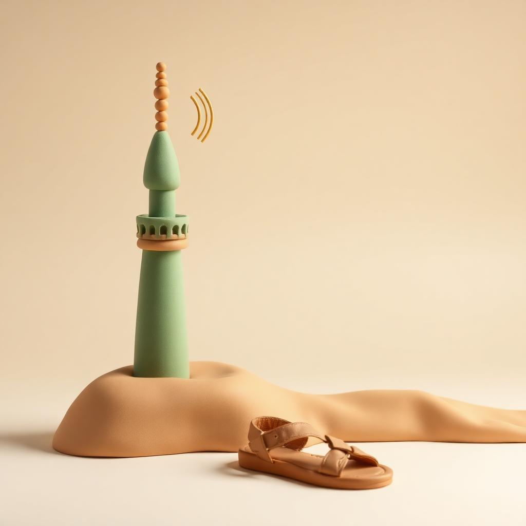A clay minaret at dawn with golden sound arcs rising from it and a pair of simple sandals below