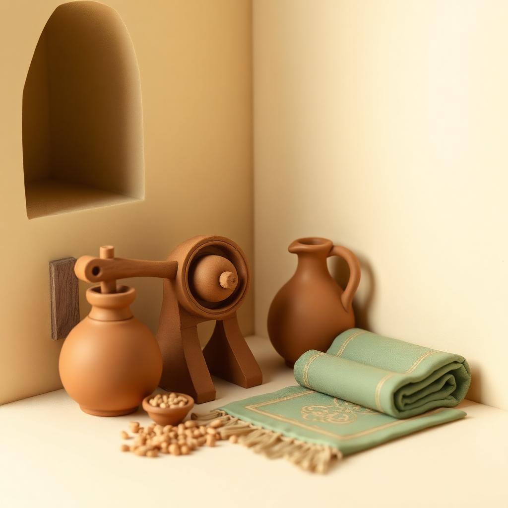 A clay hand-mill, a water jug and a folded prayer mat in a modest home corner