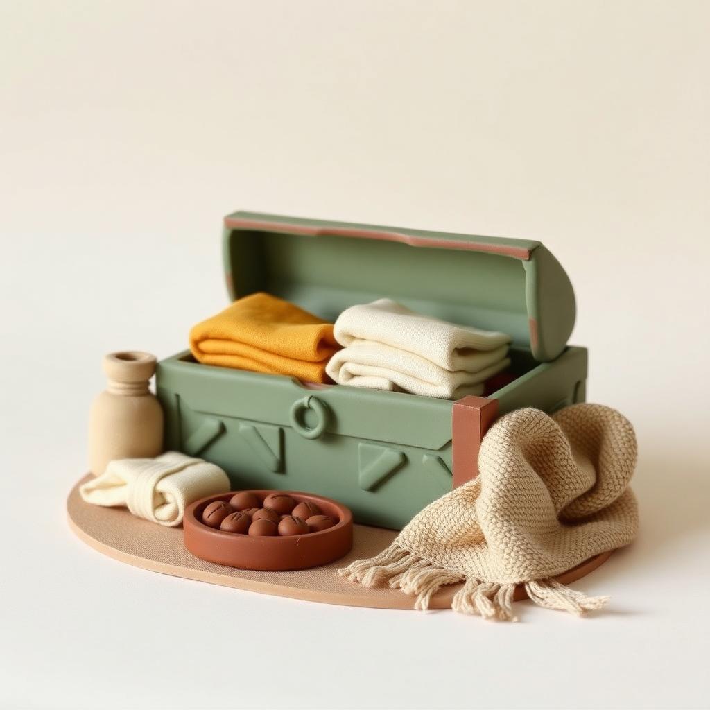 A clay merchant's chest with folded cloth, a tray of dates and a woollen blanket