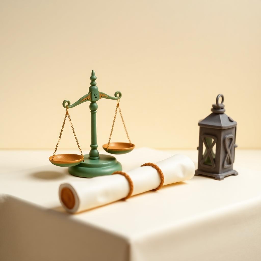 A clay balance scale beside a small lantern and a rolled letter with a wax seal