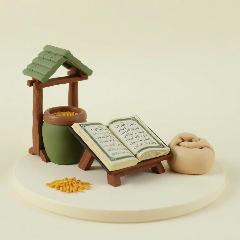 A clay open Qur'an on a wooden stand beside a small well and a sack of grain