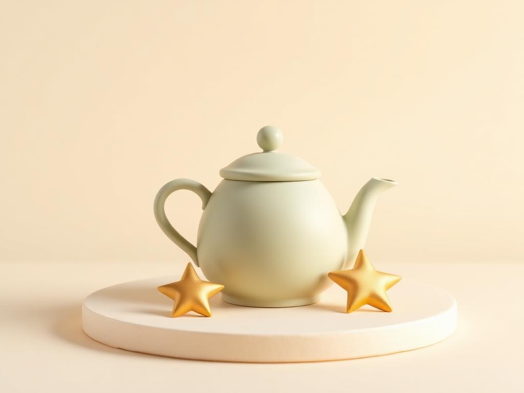 A sage clay kettle with its lid lifted letting gentle steam escape beside a gold clay star
