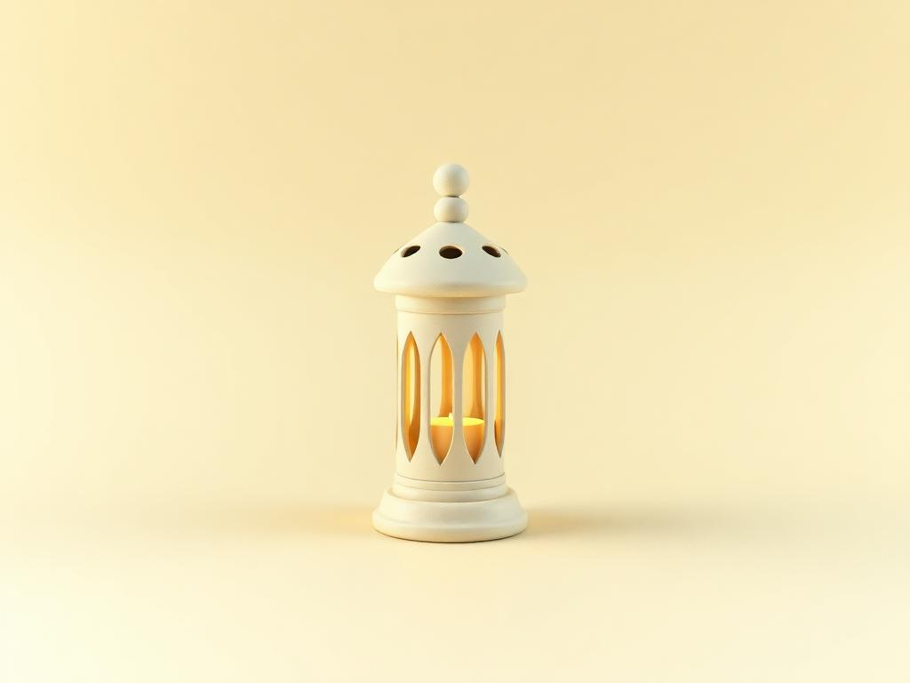 A cream clay lantern lit with gold light in a sage clay night sky with gold stars