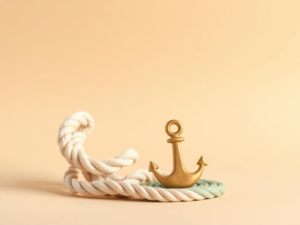 A strong cream clay rope coiled beside a gold clay anchor on sage clay ground
