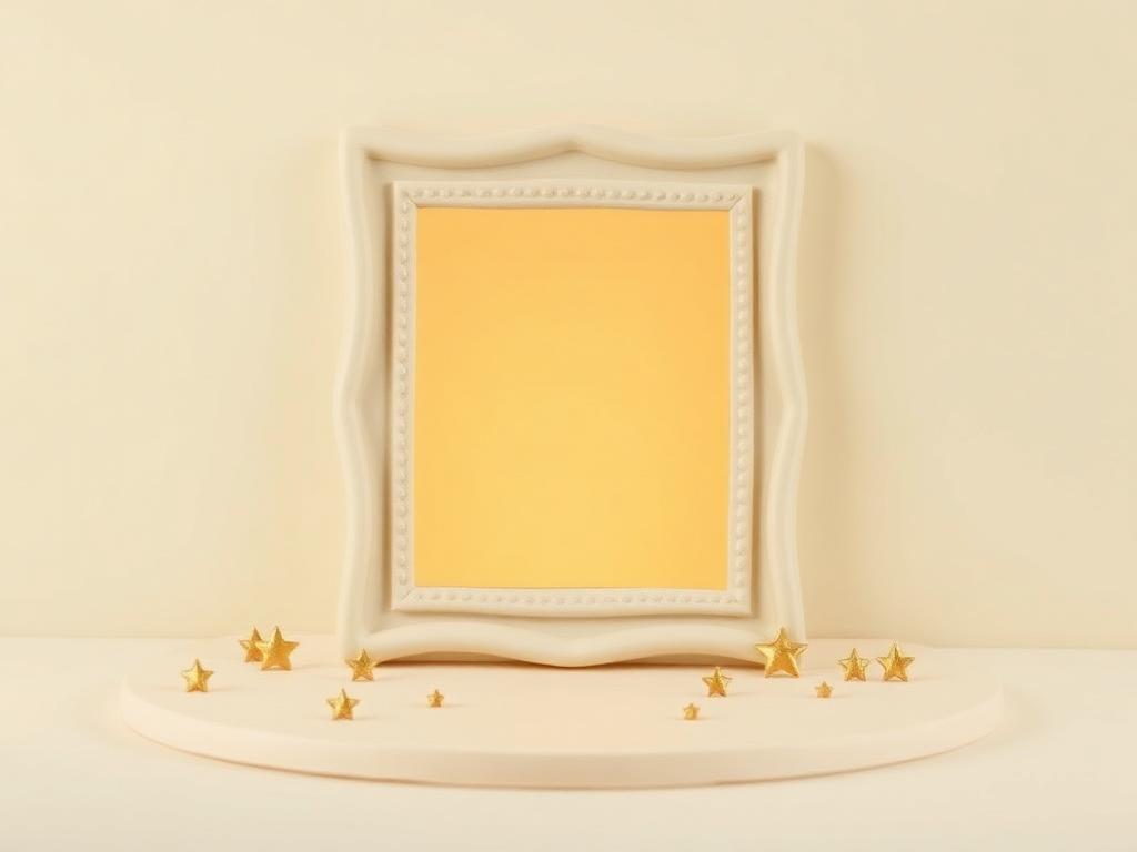 A cream clay mirror frame reflecting warm gold light with small gold clay stars below