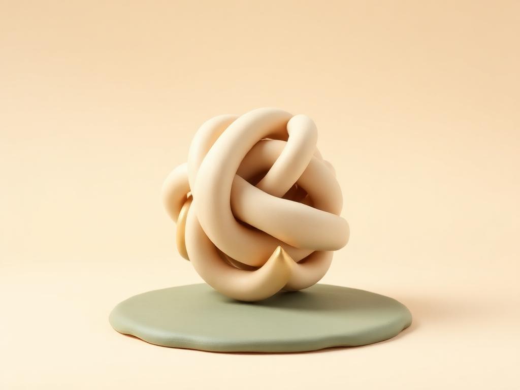 A tight cream clay knot loosening into a soft gold clay ribbon on sage clay ground