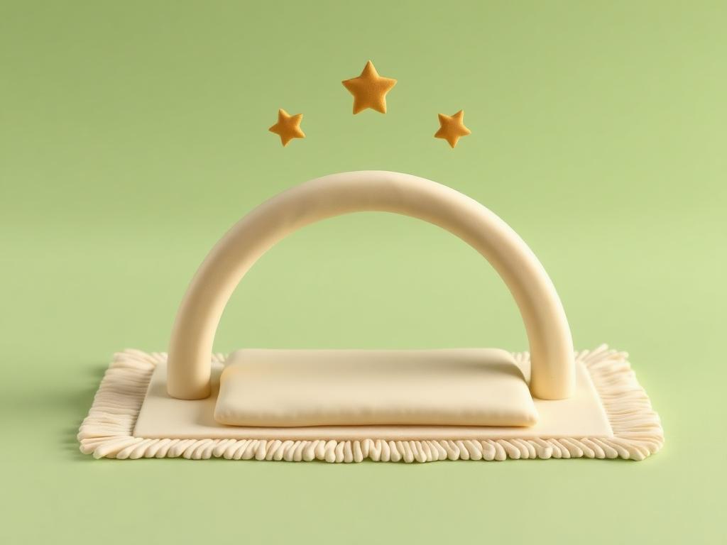 Cream clay figure bowing with a straight back on a sage clay mat with gold clay level line