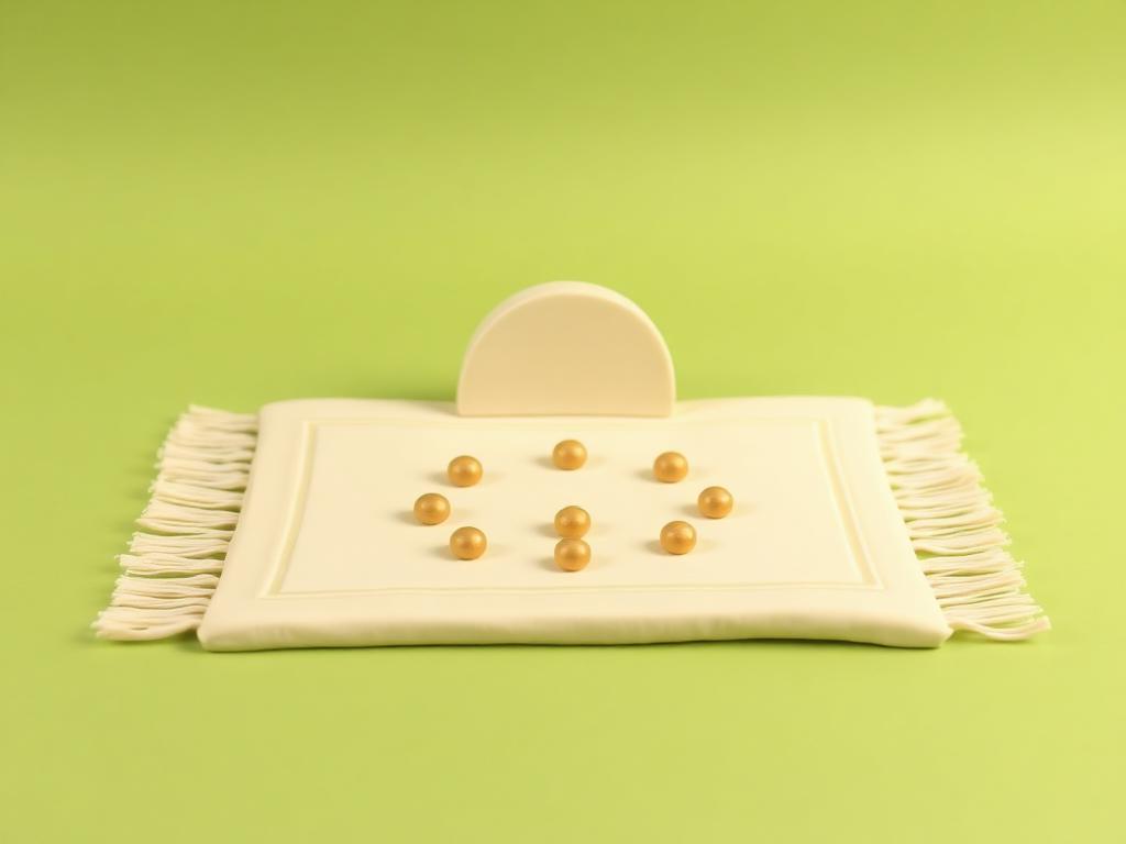 Cream clay forehead and palms pressed to a sage clay mat with seven small gold clay dots