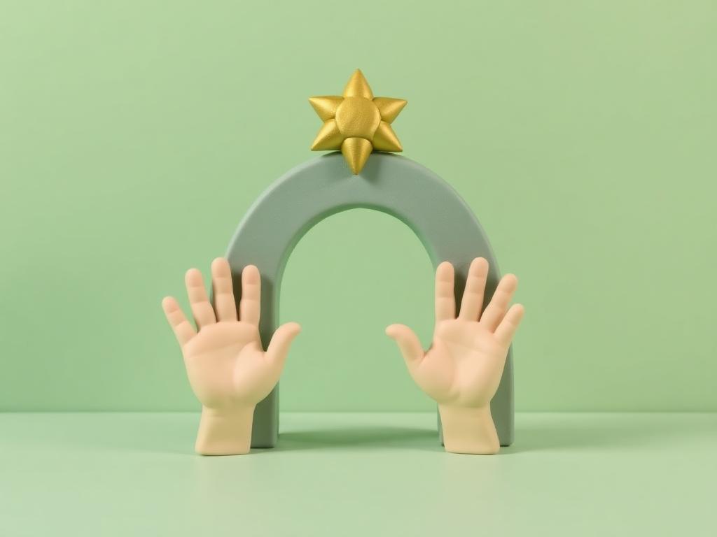 Two cream clay hands raised beside a sage clay arch with a gold clay star above