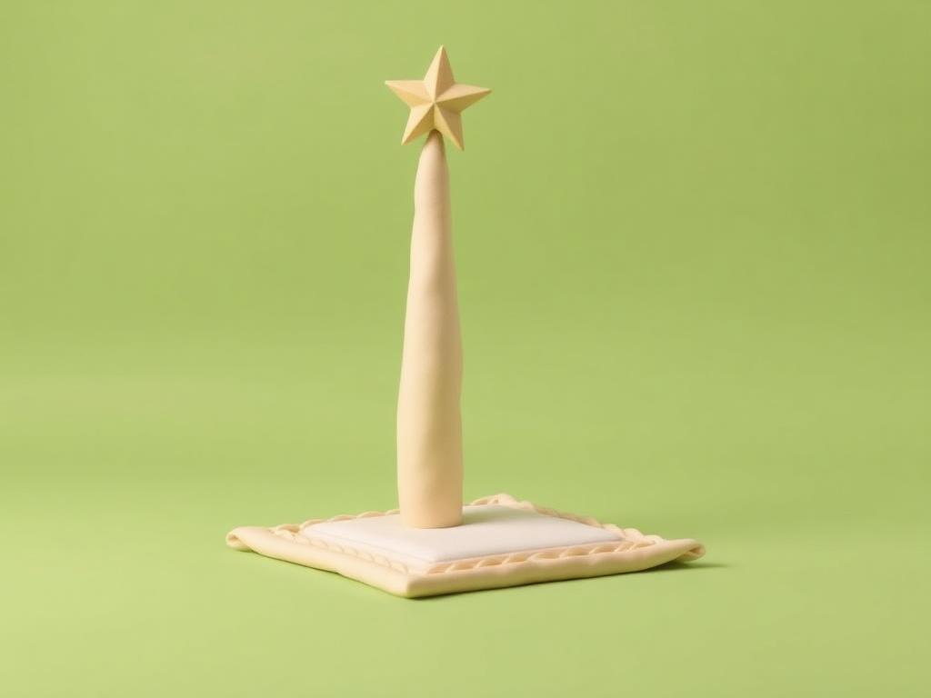 Cream clay figure sitting with one finger raised beside a sage clay lamp and gold clay star