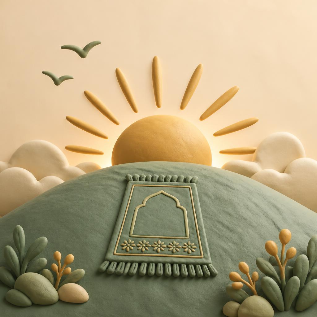 A gold clay sunrise behind a low sage clay hill with a small clay prayer mat on it and two simple clay bird shapes in the sky