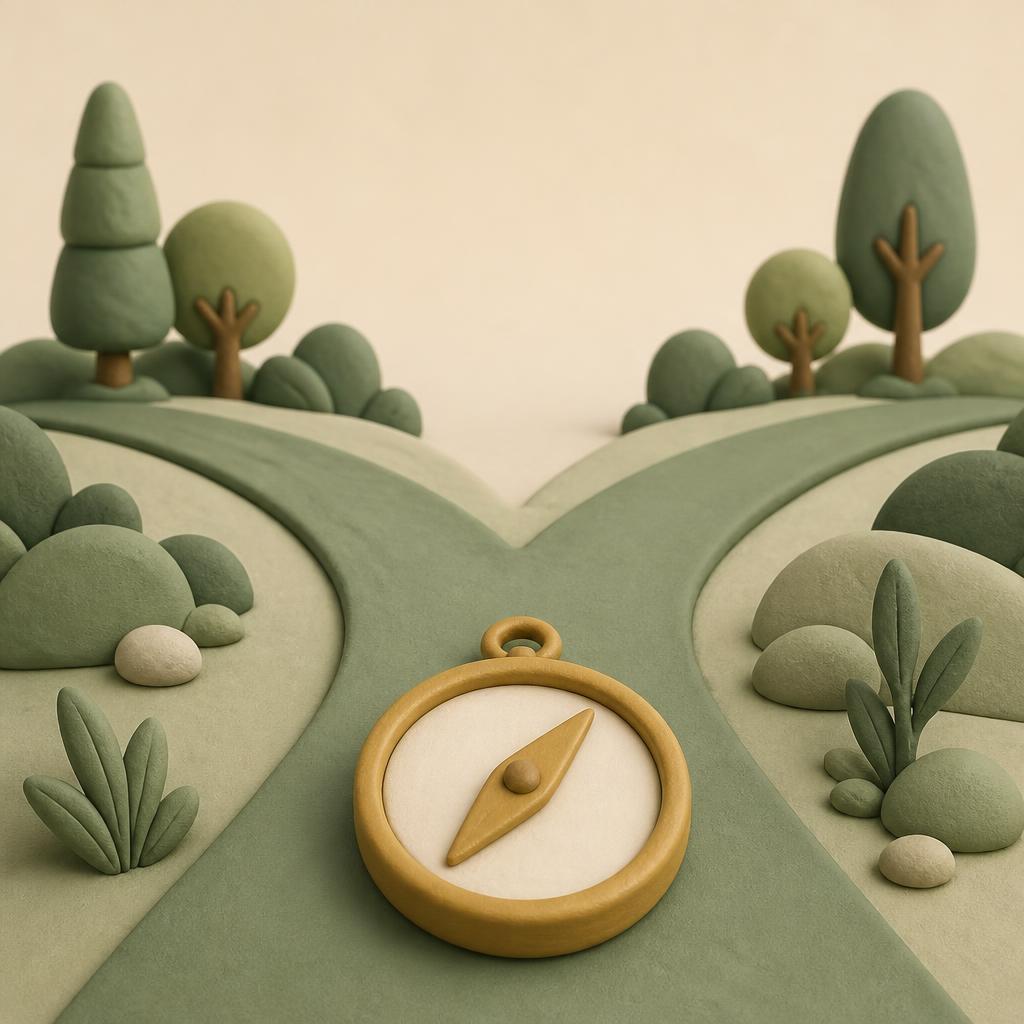 A clay road forking into two sage paths with a gold clay compass lying in the foreground