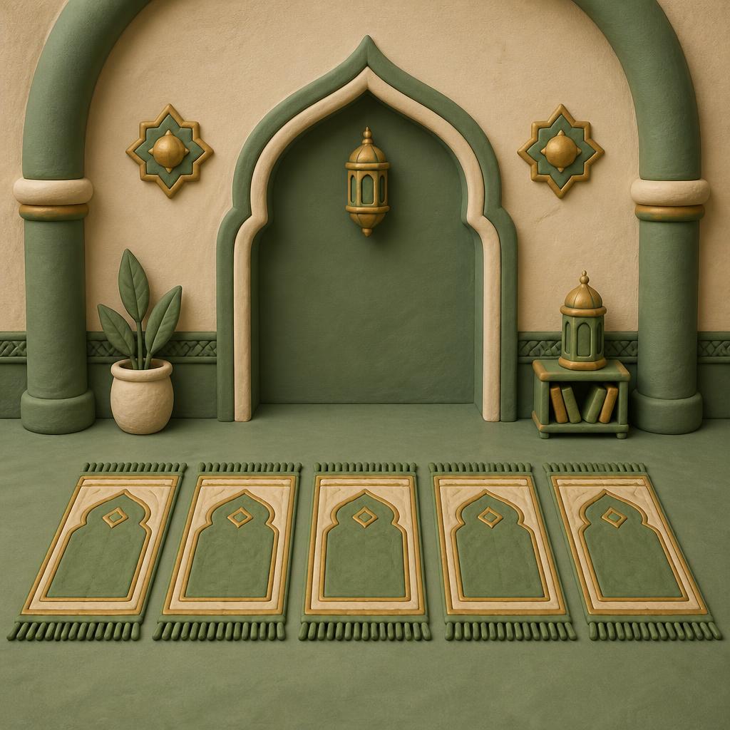 Five identical clay prayer mats laid in a straight row in a simple clay prayer hall with an arched alcove
