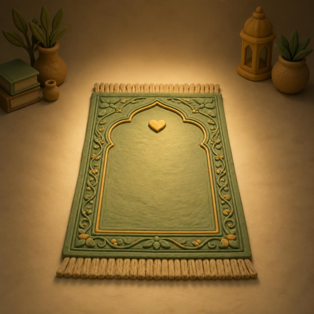 A single sage clay prayer mat lit by a soft pool of gold light with a small gold clay heart at its head