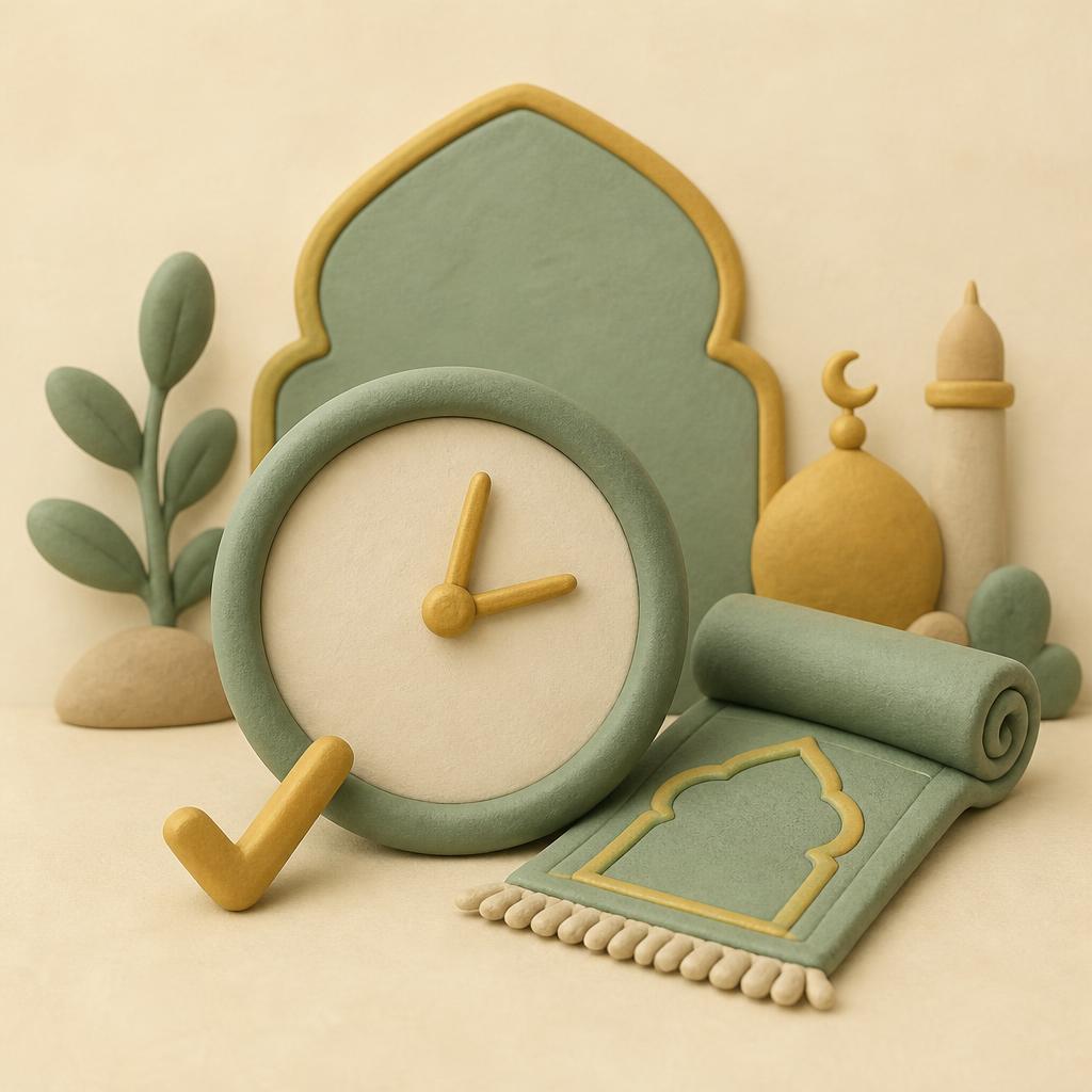A round sage clay clock with plain gold hands beside a rolled clay prayer mat and a small gold clay tick