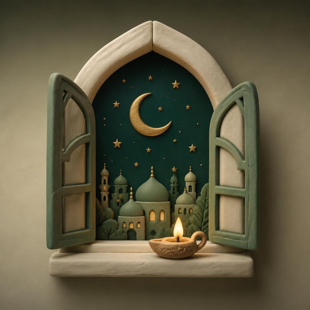 An arched clay window open onto a deep clay night sky with a gold crescent and stars, a small lit clay oil lamp on the sill