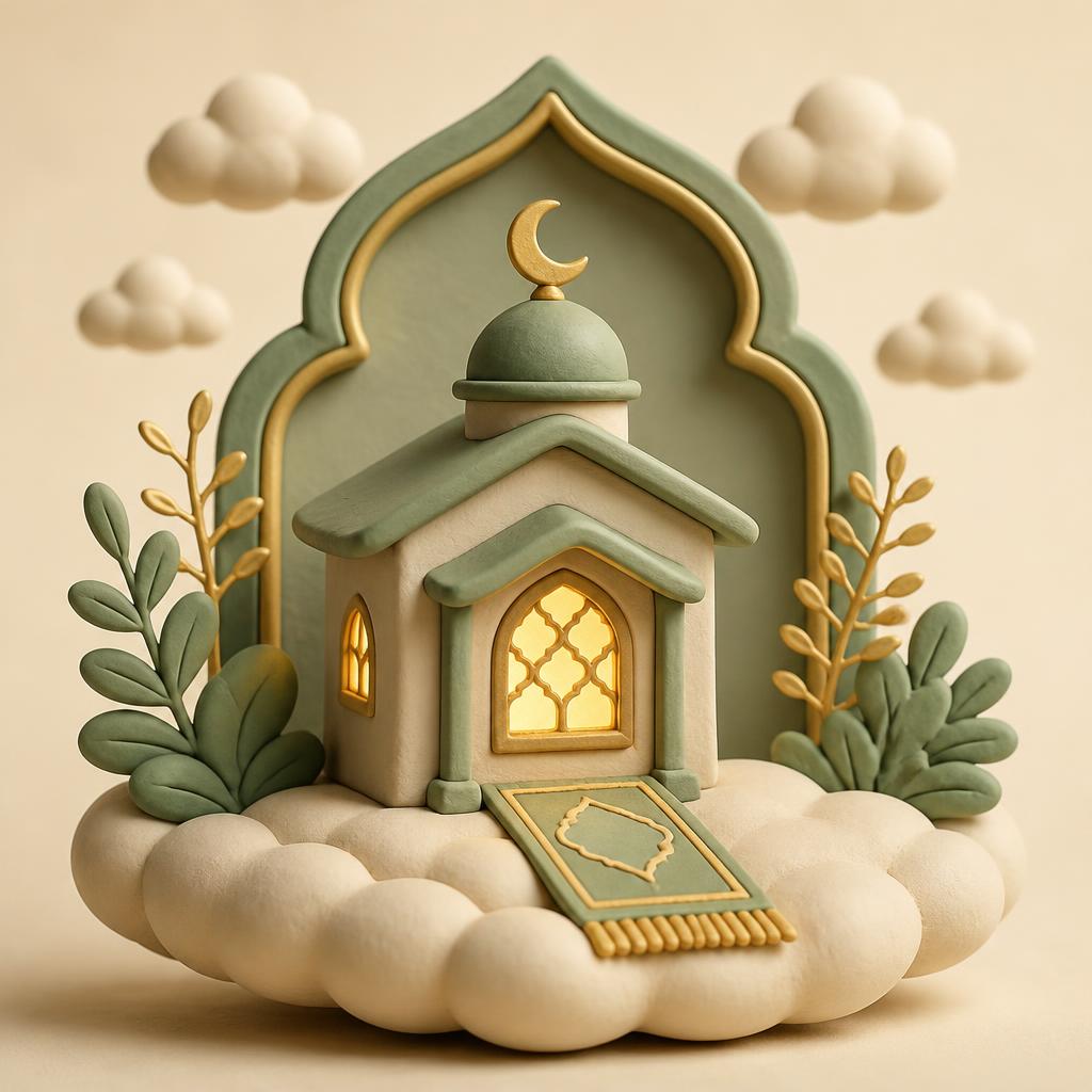 A small clay house with a glowing gold window resting on a soft clay cloud with a tiny clay prayer mat in front